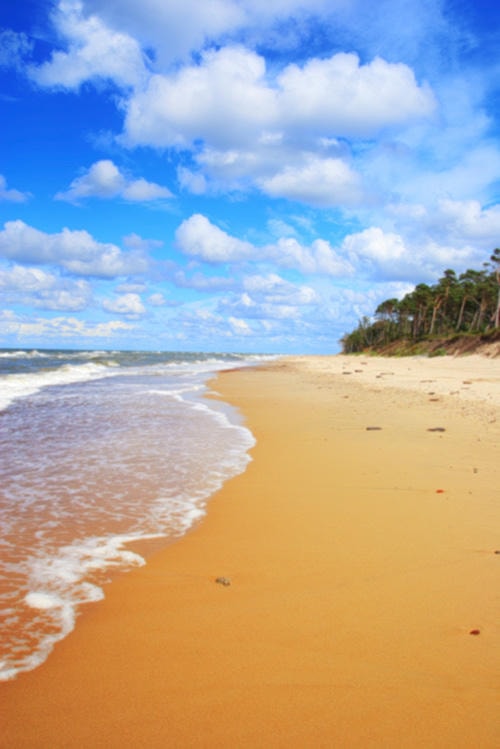 Sandy beach with blue sky and ocean waves